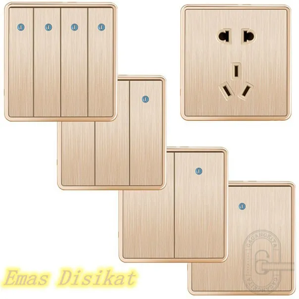 Golden Brushed 1/2/3/4 Gang 5Hole 1 Way Rocker Switch 10A 5-Hole Socket Wall Switch Panel 86mm*86mm